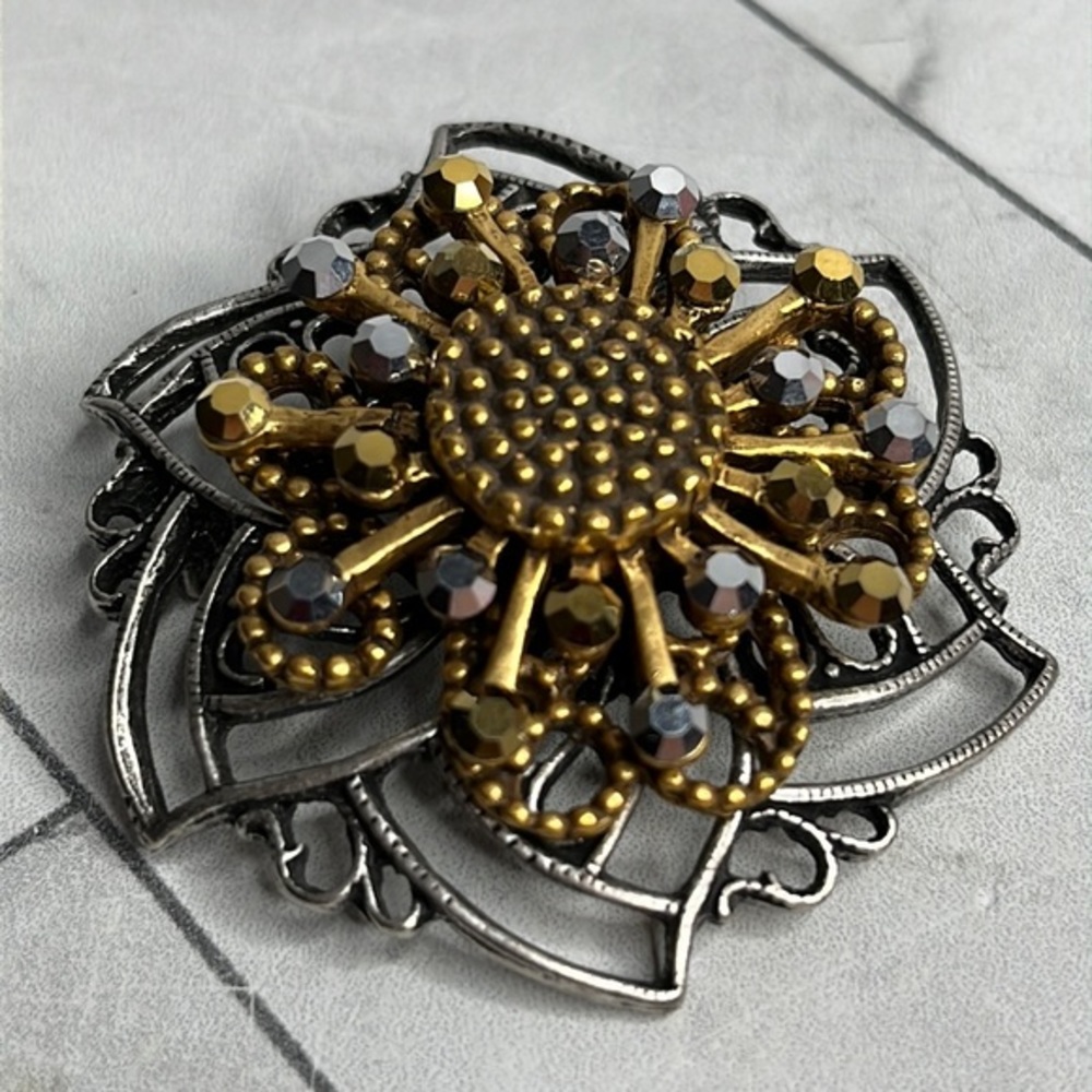Chicos Two-Tone Floral Rhinestone Goldtone Silvertone Pin Brooch